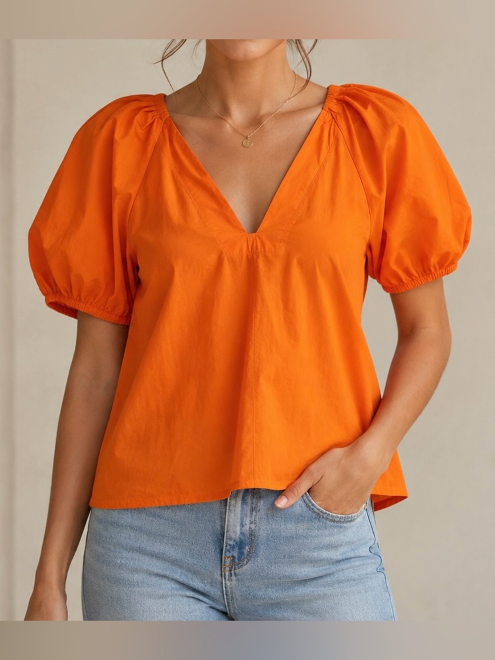 V-Neck Puff Sleeve Blouse in Bright Orange